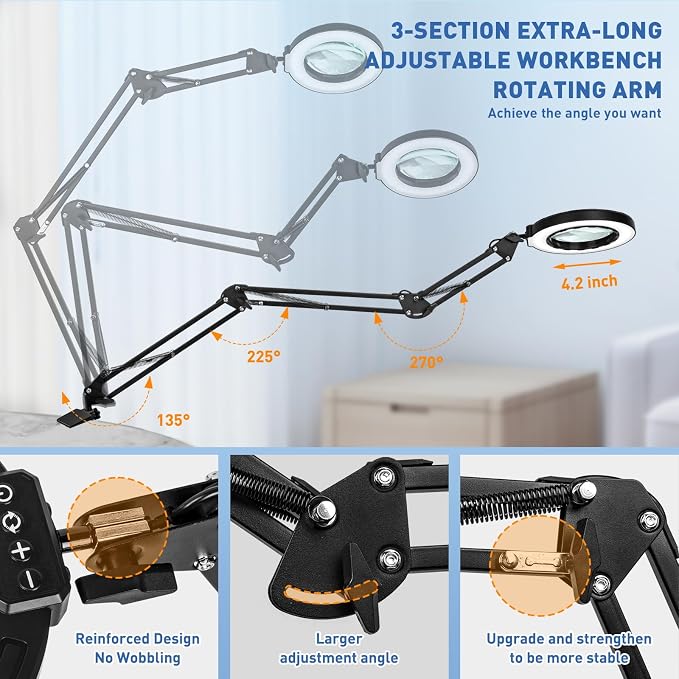 HITTI Ultra Long 12X Magnifying Glass with Light and Clamp, 5 Color Modes Stepless Dimming Desk Lamp, Swivel Arm Workbench Light, Hands Free Lighted Magnifier Stand for Craft Reading Soldering