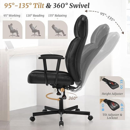 Cozyman Ergonomic PU Leather Home Office Chair, High Back Executive Desk Chair with 5-Layer Cushion, 95-135° Reclining Back, Lumbar Support, Adjustable Height, 360° Swivel for Home Office Task, Black