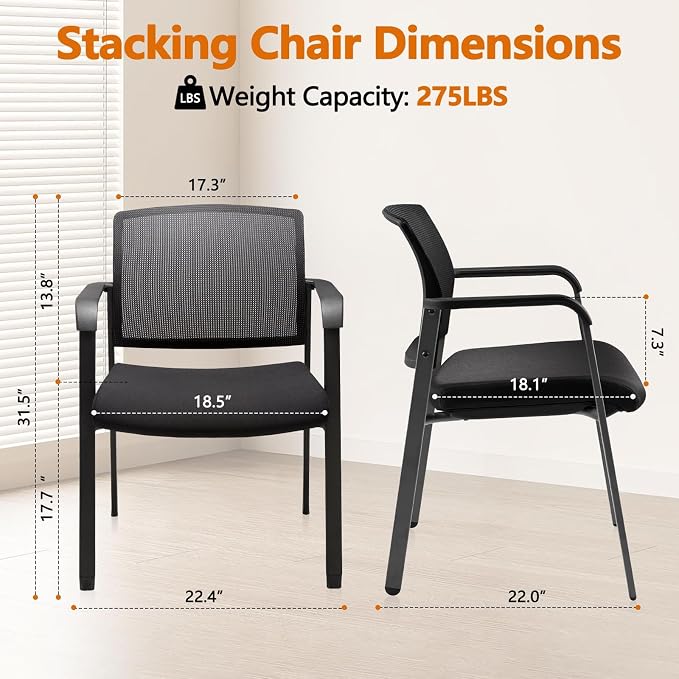 CLATINA Guest Reception Stacking Office Chairs with Arm, Mesh Back Waiting Room Chair with Upholstered Fabric Seat and Ergonomic Lumbar Support for Office Conference School Church, Black-2 Pack