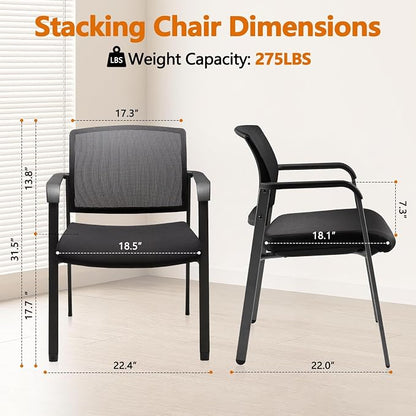 CLATINA Guest Reception Stacking Office Chairs with Arm, Mesh Back Waiting Room Chair with Upholstered Fabric Seat and Ergonomic Lumbar Support for Office Conference School Church, Black-2 Pack