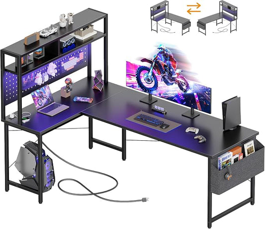 Mericonia 59 inch Large L Shaped Desk with Pegboard Hutch & Shelves, Corner Gaming Desk with Power Outlet, LED Light & Storage Bag, Reversible Computer Desk for Home, Bedroom, Office Workspace, Black