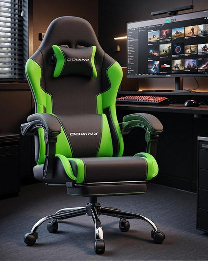 Dowinx Ergonomic Gaming Chair with Footrest & Massage Lumbar, 2D-Linkage Armrests for Computer Chair 330lbs with Headrest Pillow for Office, Home, Streaming and Long Gaming Sessions, Green