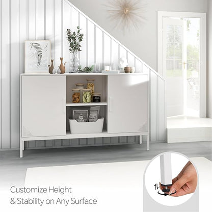 STEEHOOM TV Stand with Door and Adjustable Shelves, Buffet Sideboard Cabinet, Coffee Bar Metal Locker Pantry with 2 Shelves for Office, Home, Kitchen, Living Room (White, 47.24"D x 13.78"W x 29.53"H)