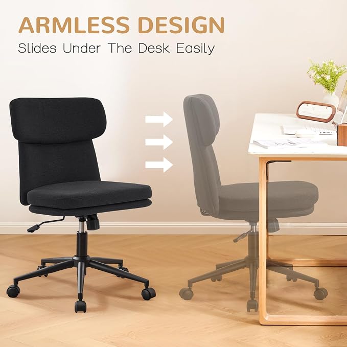 Furniliving Armless Office Chair, Upholstered Chenille Desk Chair with Wheels, Adjustable Swivel Computer Vanity Chair with Double-Layer Cushion, Black