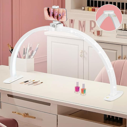 HITTI 29in Half Moon Light for Nail Desk, Foldable, 3 Color Modes & 10 Brightness, Phone Stand, Arch LED Nail Tech Table Lamp for Manicure Salon, Handicraft, Art, Eyelash Extension - White