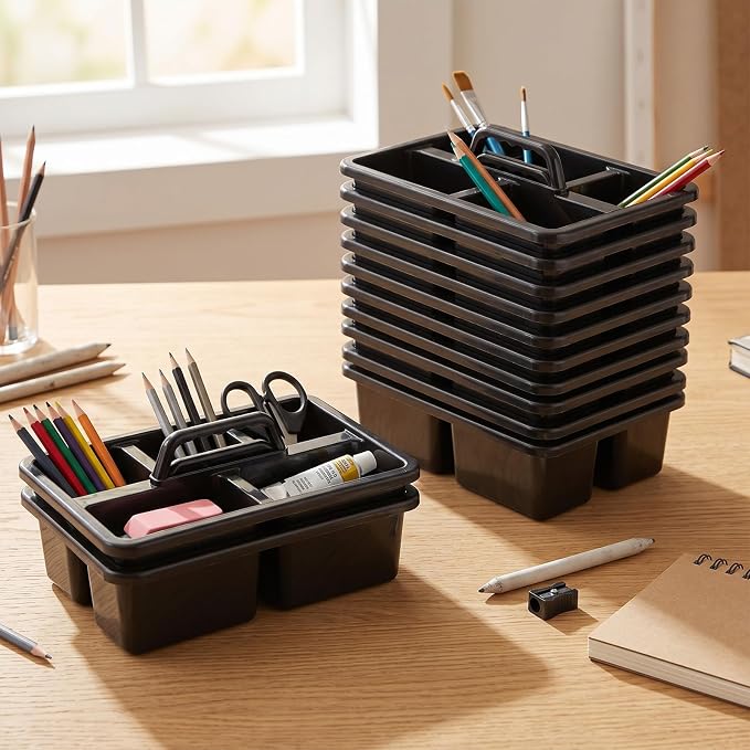 WILLBOND 12 Pcs Classroom Caddy with Handle Bulk Plastic Storage Caddy Organizer with 5 Compartment Portable Storage Bin for Pencil, Pen, Crayon, Marker, Home, Office, School Supply(Black)
