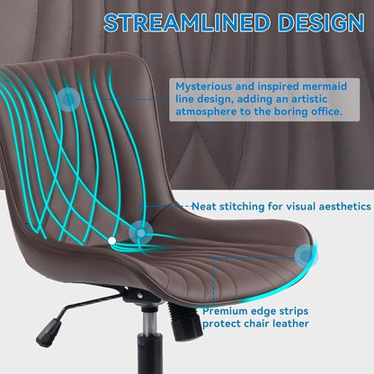 YOUNIKE Office Chair Brown, Armless Desk Chair with Wheels, Home Office Task Chairs, Modern Faux Leather Upholstered Adjustable Swivel Rocking Chair with Back