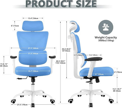 Winrise Office Chair Ergonomic Desk Chair, High Back Gaming Chair, Big and Tall Reclining chair Comfy Home Office Desk Chair Lumbar Support Breathable Mesh Computer Chair Adjustable Armrests(Sky Blue)