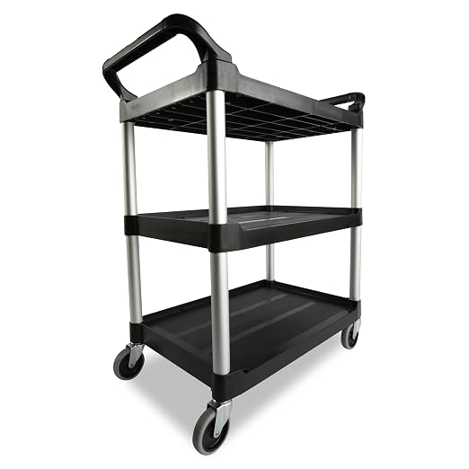 Rubbermaid Commercial Products Heavy Duty 3-Shelf Rolling Service/Utility/Push Cart, 200 lbs. Capacity, Black, for Foodservice/Restaurant/Cleaning/Warehouse/Garage
