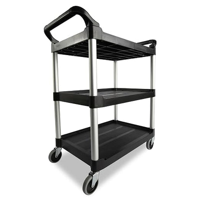 Rubbermaid Commercial Products Heavy Duty 3-Shelf Rolling Service/Utility/Push Cart, 200 lbs. Capacity, Black, for Foodservice/Restaurant/Cleaning/Warehouse/Garage
