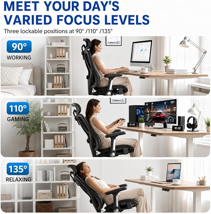 Ergonomic Office Chair, Breathable Mesh Back and Seat, High Back Desk Chair with Adjustable Lumbar Support, 5D Armrests, 135° Reclining Backrest, 2D Headrest, Home Office Computer Chair