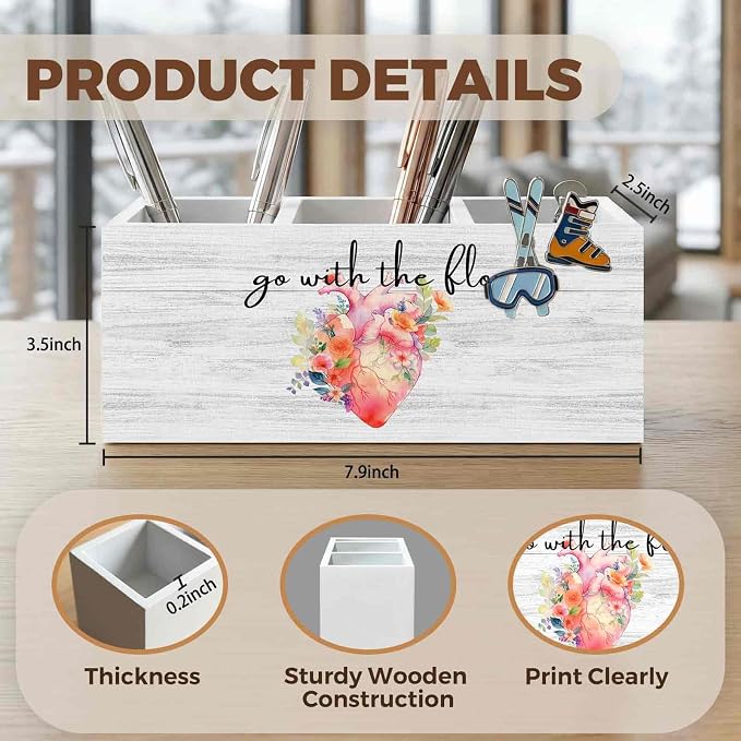 Nurse Office Pencil Pen Holder for Desk Organizer, Nurse Appreciation Gifts, Nursing Week Gifts, Go with the Flow Flower Heart Wooden Box Decorations for Office Desk Tabletop Decor