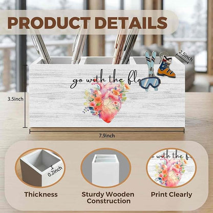 Nurse Office Pencil Pen Holder for Desk Organizer, Nurse Appreciation Gifts, Nursing Week Gifts, Go with the Flow Flower Heart Wooden Box Decorations for Office Desk Tabletop Decor