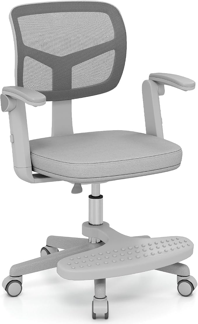 Giantex Kids Desk Chair, Ergonomic Adjustable Student Rolling Chair with Footrest & Flip-up Armrest, Mesh Children Office Chair with Universal Wheels, Kids Computer Chair for Boys & Girls, Grey