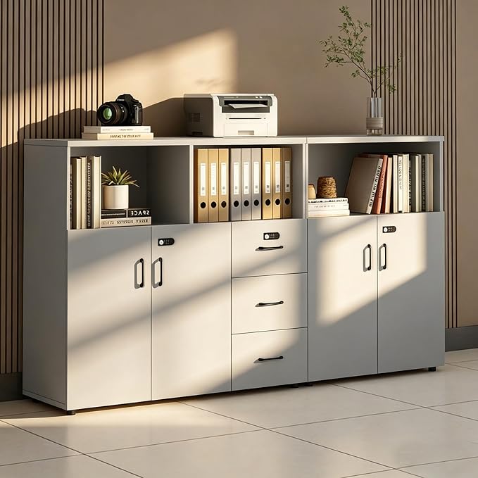 File Cabinet with Password Lock, Wood Lateral Filing Cabinet for Letter/A4 Files, 3 Drawer with Door, Printer Stand with Open Shelves for Home Office