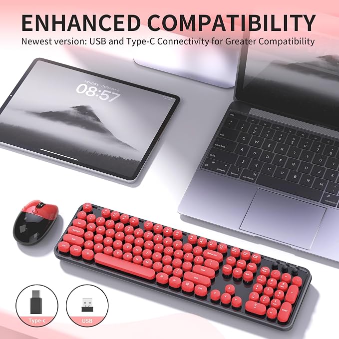 Wireless Keyboard and Mouse, 104 Round Keycaps Retro Typewriter with OTG & Brush, Full-Size Ergonomic, Ideal for Windows PC, Home, Office and College Black Red