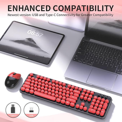 Wireless Keyboard and Mouse, 104 Round Keycaps Retro Typewriter with OTG & Brush, Full-Size Ergonomic, Ideal for Windows PC, Home, Office and College Black Red