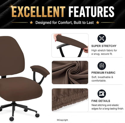 Super Stretchable Split Office Chair Seat Covers & Armrest Covers - Universal Spandex Computer Chair Slipcover - 180GSM Rotating Backrest Coverings Cushion Protectors for Dogs, Cats, Pets (Mocha)