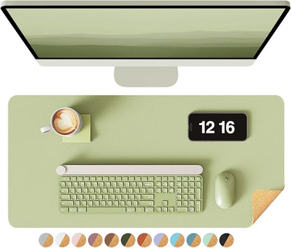 YSAGi Double-Sided Desk Pad, 23.6"x13.7" Leather Desk Mat, Eco Cork Desk Pad Protector, Large Mouse Pad for Desk, Waterproof Desk Blotter Pad, Desk Writing Pad for Office Work/Home(Matcha Green/Cork)