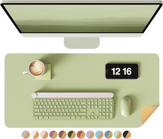 YSAGi Double-Sided Desk Pad, 23.6"x13.7" Leather Desk Mat, Eco Cork Desk Pad Protector, Large Mouse Pad for Desk, Waterproof Desk Blotter Pad, Desk Writing Pad for Office Work/Home(Matcha Green/Cork)