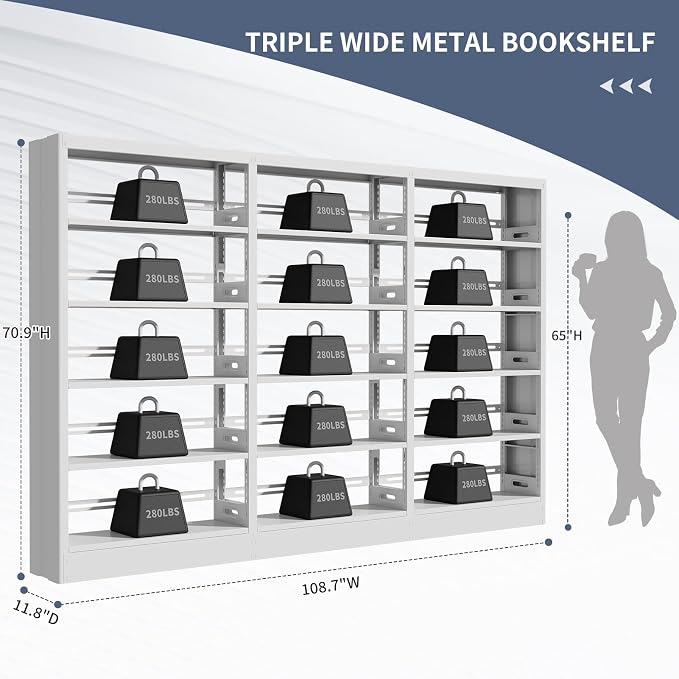 71" Expandable Combination Metal Bookshelf,5 Tier Library Bookcase with Adjustable Shelves,Heavy Duty Bookshelves and Bookcases,Modern Book Shelf Tall Book Case/Shelves (108.3" W, White)