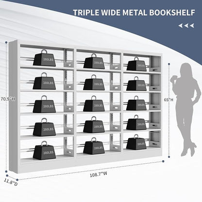 71" Expandable Combination Metal Bookshelf,5 Tier Library Bookcase with Adjustable Shelves,Heavy Duty Bookshelves and Bookcases,Modern Book Shelf Tall Book Case/Shelves (108.3" W, White)
