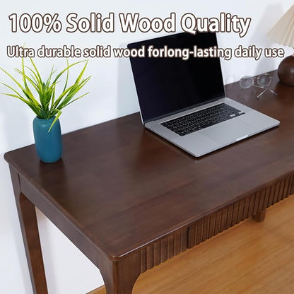 Solid Wood Desk with Drawer, Small Writing Desk for Small Spaces,Gaming Study Home Office Workbench woodenDesks for Work, 39 inch Wooden Computer Desk for Bedroom Walnut Color