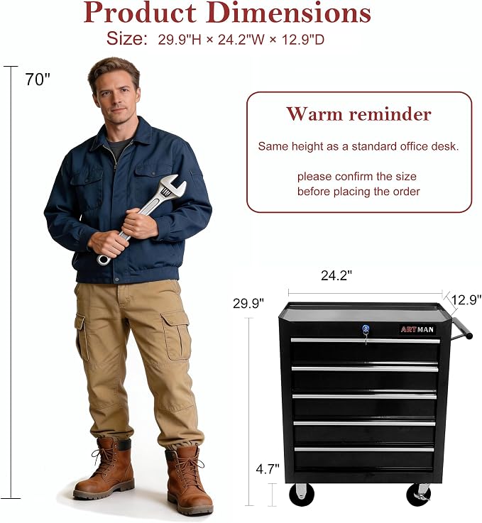 RYH 5Drawers Rolling Tool Chest & Tool Box on Wheels | Heavy Duty Metal Cart with Ball Bearing Drawers | Fits US General Tool Box for Garage Storage (Black, 5 Drawers（29.9" H × 24.2" W × 12.9" D)