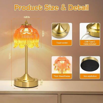 Cordless Lotus Flower Table Lamp, 5200mAh Rechargeable Battery Operated Portable Lamp, 3-Color Dimmable Touch Control Small Desk Lamp for Bedroom, Office, Kitchen, Nightstand,Room Decor (Orange-red)
