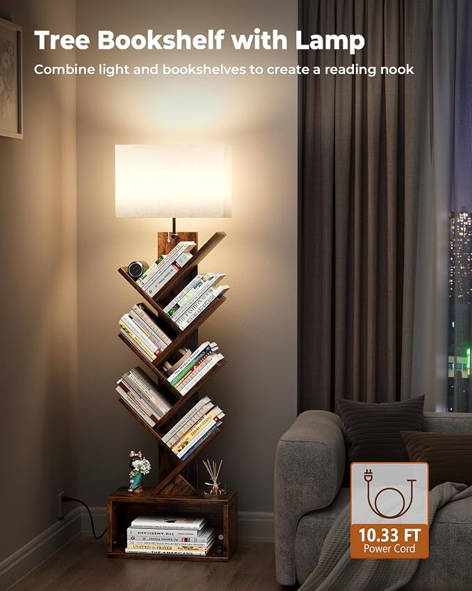 Evermagin 6 Tier Tree Bookshelf with Light, Narrow Bookcase Tower, Tall Floor Standing Book Organizer with Storage Cabinet for Living Room, Bedroom and Home Office, Rustic Brown