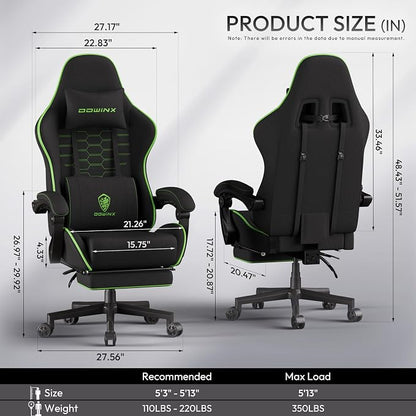 Dowinx Gaming Chair Fabric Big and Tall with Pocket Spring Cushion, Massage Game Chair Cloth with Headrest, Ergonomic Computer Chair with Footrest 350LBS, Black Green