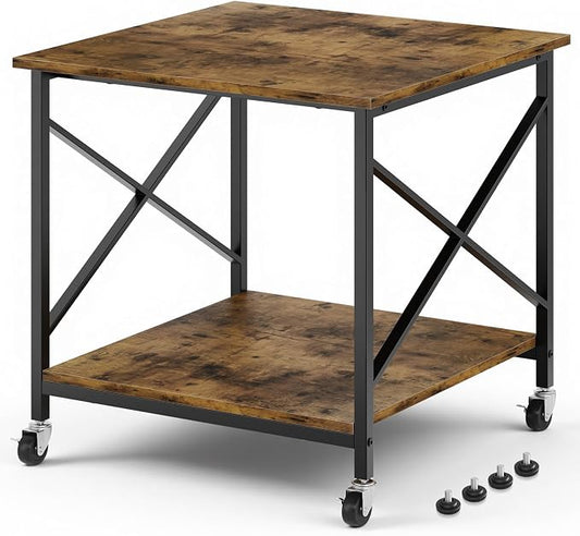 Warmiehomy 24"x24"x24" Large Printer Stand with Storage, 2 Tier Rolling Printer Cart Table, Mini Fridge Stand with Wheels, Use for 3D Laser Printer Home Office, Rustic Brown
