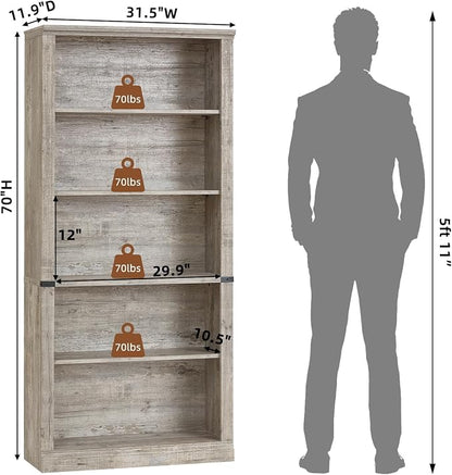 RWYHG 70" Grey Tall Bookshelf,5-Tier Thick Wooden Book Shelf with Adjustable Shelves,Free Standing Farmhouse Bookcase with Open Display Storage,Floor Vintage Bookshelves for Living Room,Office