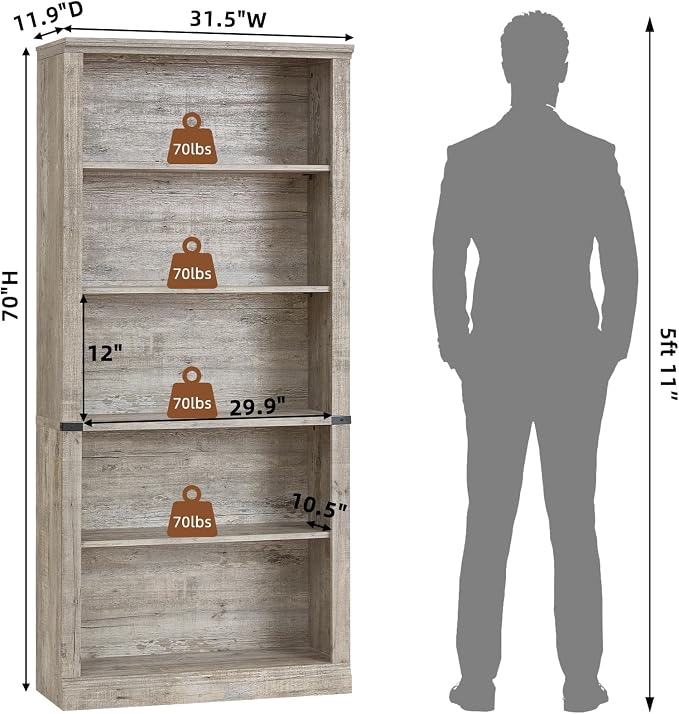RWYHG 70" Grey Tall Bookshelf Set of 4,5-Tier Thick Wooden Book Shelf with Adjustable Shelves,Free Standing Farmhouse Bookcase with Open Display Storage,Floor Vintage Bookshelves for Living Room