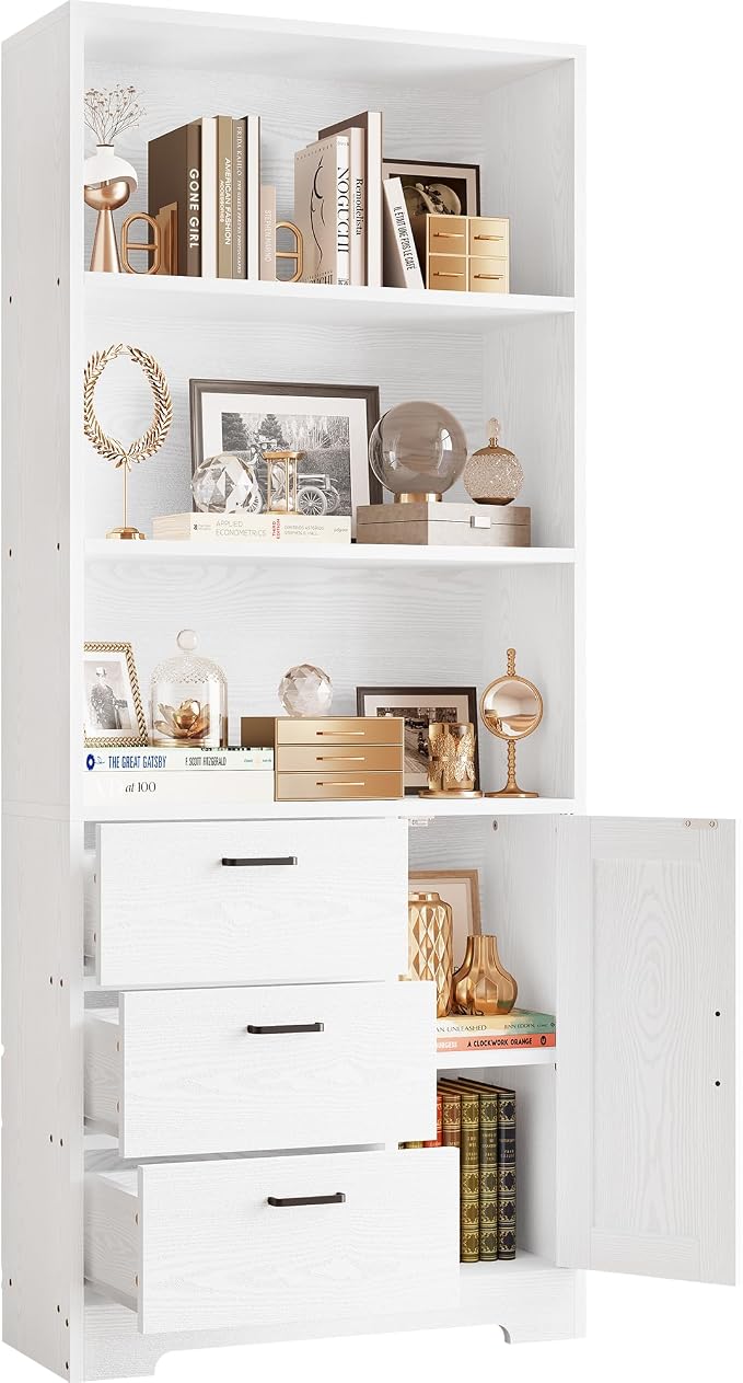 IRONCK Bookshelf with Doors and 3 Drawers 71 in Tall Bookcase with 3-Tier Shelves, Industrial Book Shelf with Storage for Living Room Entrance Hallway Home Office, White