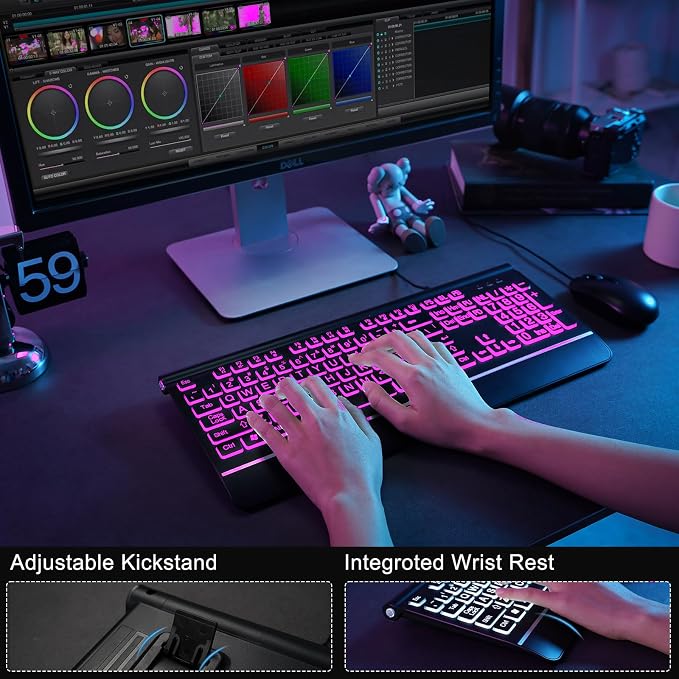 Wired Keyboard and Mouse Combo - Large Print Light Up Keyboard, USB Silent Wired Backlit Keyboard and Optical Mouse for Windows, PC, Laptop - Easy to See, USB Play and Plug