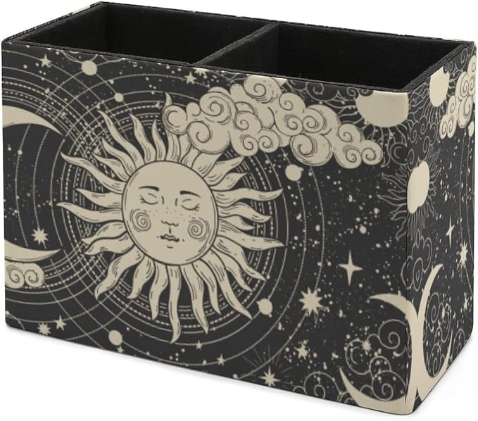 Niapessel Pencil Holder for Desk, Abstruse Astrology Sun Moon Pen Holder Storage Desktop Pen Organizer Desk Pencil Organizer Makeup Brush Holder for Office School College Leather