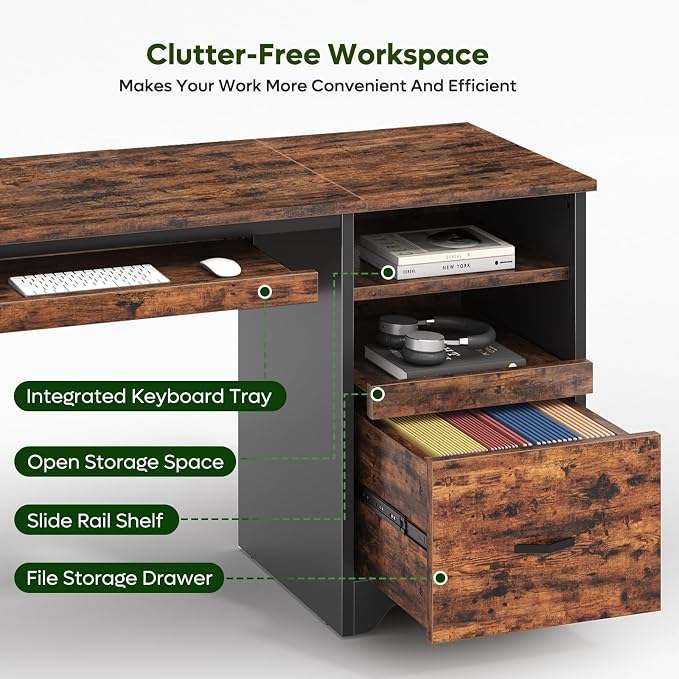 Bestier 47" Computer Desk with Drawers, Home Office Desk with Keyboard Tray, Reversible Industrial Office Desk with Storage Cabinet for Small Space Home Office & Studio, Rustic Brown