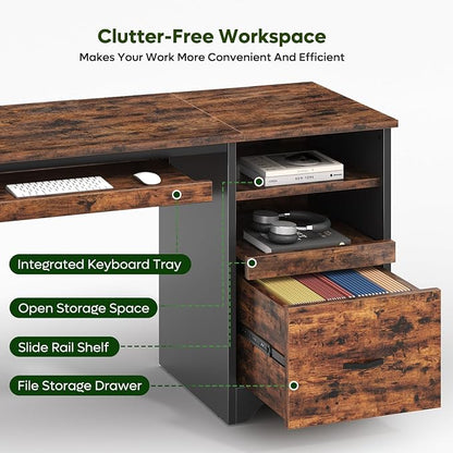 Bestier 47" Computer Desk with Drawers, Home Office Desk with Keyboard Tray, Reversible Industrial Office Desk with Storage Cabinet for Small Space Home Office & Studio, Rustic Brown