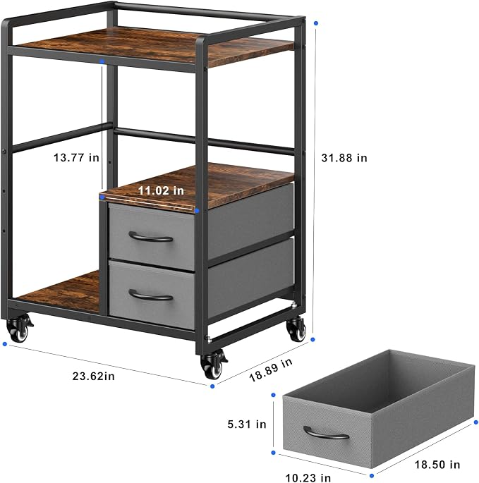 22" x 18.5" Large Printer Stand with Wheels, Mobile Rolling Printer Table Cart for Home Office, Rustic Brown Storage Organizer for Scanner, Fax, CPU, Shredder