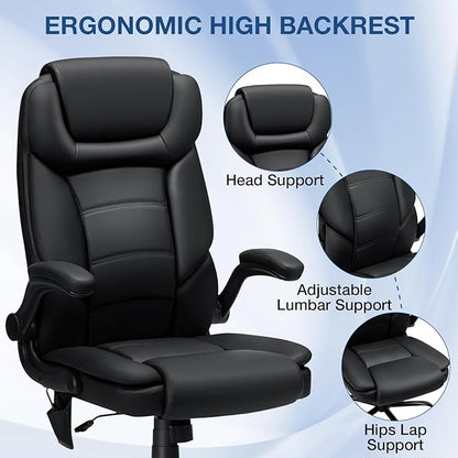 Executive Office Chair Big and Tall 450lbs Heavy Duty Office Chair with Adjustable Lumbar Support High Back Ergonomic Home Computer Leather Chair with Padded Flip-up Arms for Heavy People,Black