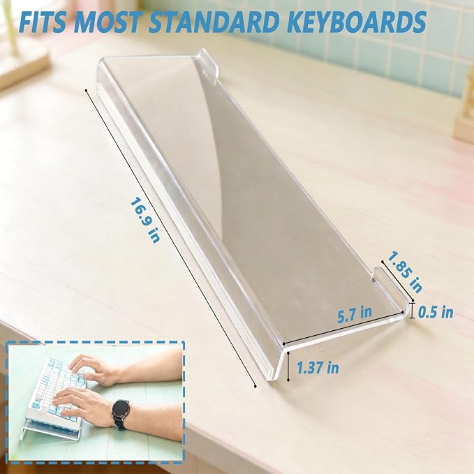 Acrylic Tilted Computer Keyboard Stand Holder, Gecnroi 16.9" x 5.7" Keyboard Riser with Silicone Anti-Slip Strip, Keyboard Tray for Easy Ergonomic Typing for Office Desk, Home, School (Clear)