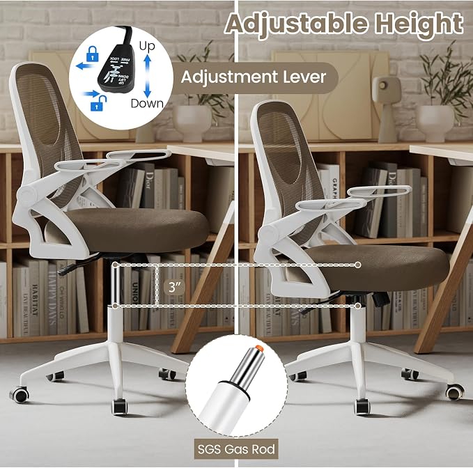 COSTWAY Office Chair, Comfy Swivel Rolling Desk Chair with Adjustable Height & Flip-Up Armrests, Ergonomic Mesh Computer Chairs with Lumbar Support for Working & Gaming (Grey)