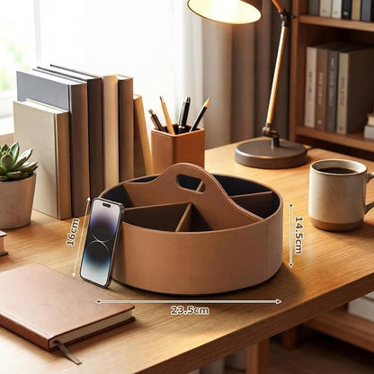 360° Rotating Leather Desk Storage Organizer with 6 Slots and Handle Extra-large Pen Holder Spinning Pencil Storage Lazy Susan Organizer Office Desk Supplies Marker, Art Supply(Brown)