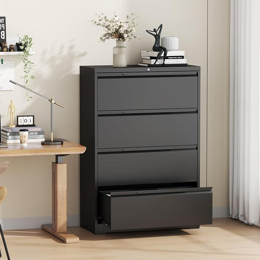 Lateral File Cabinet, 4 Drawer Lateral File Cabinet with Lock, Metal Lateral Filing Cabinet for Home Office, Office Organization Cabinet for Letter/Legal/F4/A4 Size