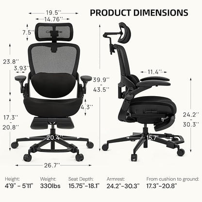 CabLady S2 Petite Office Chair for Women & Small Frames | 330lb Capacity, 4D Adjustable Lumbar/ Headrest, Flip-Up Arms & Footrest, Ergonomic Desk Chair