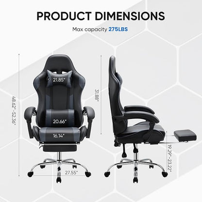 NEWBULIG Computer Gaming Desk Chair - High Back Ergonomic Lumbar Support with Footrest and Headrest, Comfy PU Leather Recliner with Linkage Armrest, Height Adjustable and 360° Swivel, Grey