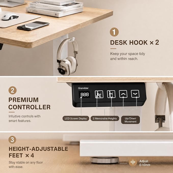 Grandder 63x32 Large Electric Standing Desk, Height Adjustable Computer Desk with 2 Memory Presets, 31.5" Deep Desktop Sit Stand Desk Home Office Desk Workstation Table with Hooks, Oak