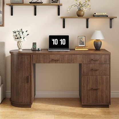 ONBRILL 58 Inch Fluted Executive Desk, Computer Desk with Storage Drawers & File Drawer, Modern Home Office Desk with Charging Station for Working, Studying, Writing, Walnut