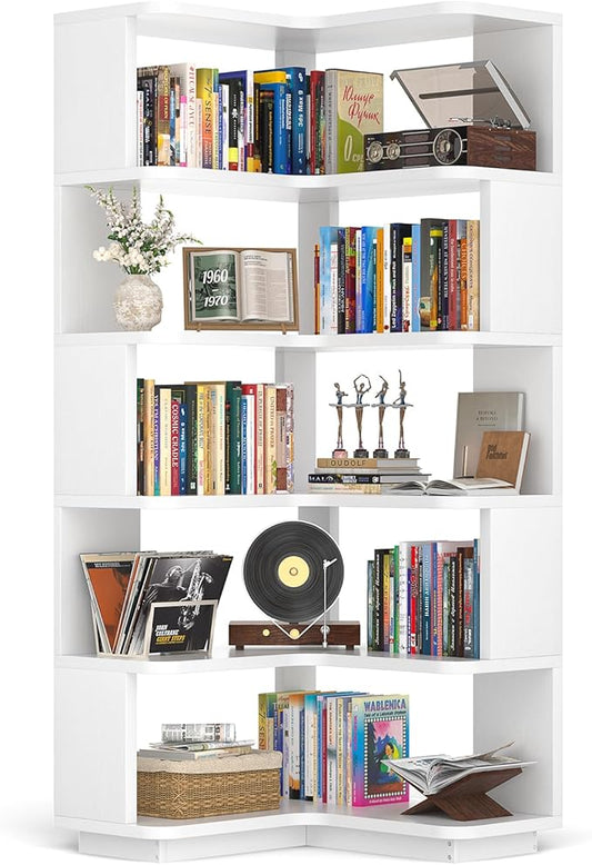 Armocity Corner Book Shelf - 6-Shelf Corner Bookshelf Etagere Bookcase with Baffle, Freestanding L Shaped Display Shelf Stand for Home Office, Living Room, Bedroom, Kitchen, White
